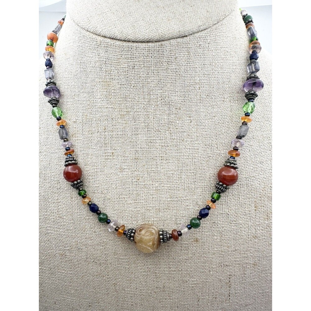 925 Sterling Silver Artisan Made Gemstone Glass Bead Necklace 17”